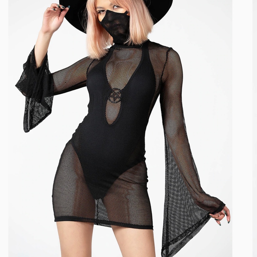 Killstar Neo-Nyx Masked Fishnet Long Sleeve Black Dress XXL NEW!